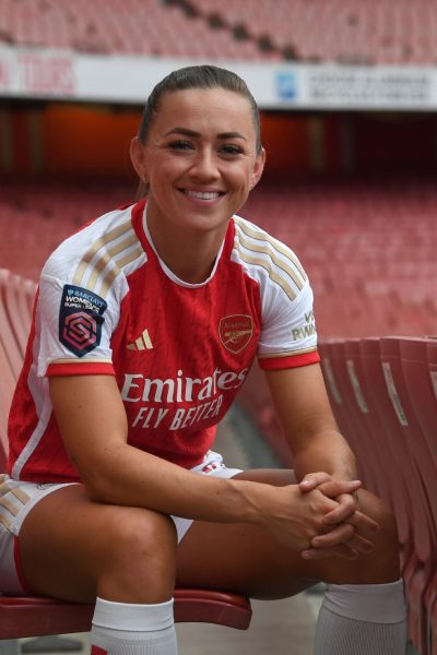 ST ALBANS, ENGLAND - AUGUST 29: Katie McCabe of Arsenal carries out media duties having signed a new contract at Emirates Stadium on August 29, 2023 in London, England. (Photo by David Price/Arsenal FC via Getty Images)
