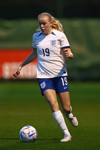 NEWPORT, WALES - OCTOBER 27: Mari Ward of England in action during the Women's U19 International match between Wales and England at Dragon Park on October 27, 2023 in Newport, Wales. (Photo by Ben Hoskins - The FA/The FA via Getty Images)